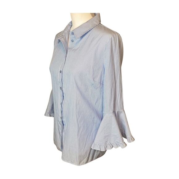 Blue White Striped Bell Sleeve Button Down Shirt Classic Office Chic Top 14 - Picture 3 of 9